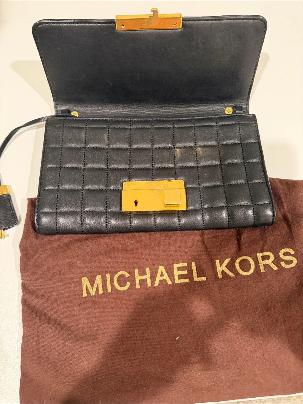 Michael Kors Black Quilted Leather Clutch with Gold Hardware